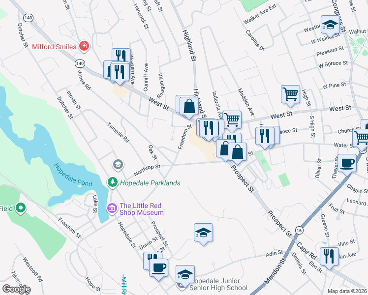 map of restaurants, bars, coffee shops, grocery stores, and more near 18 Freedom Street in Milford