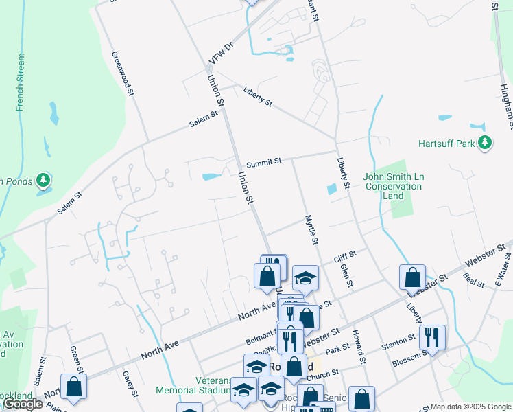 map of restaurants, bars, coffee shops, grocery stores, and more near 583 Union Street in Rockland
