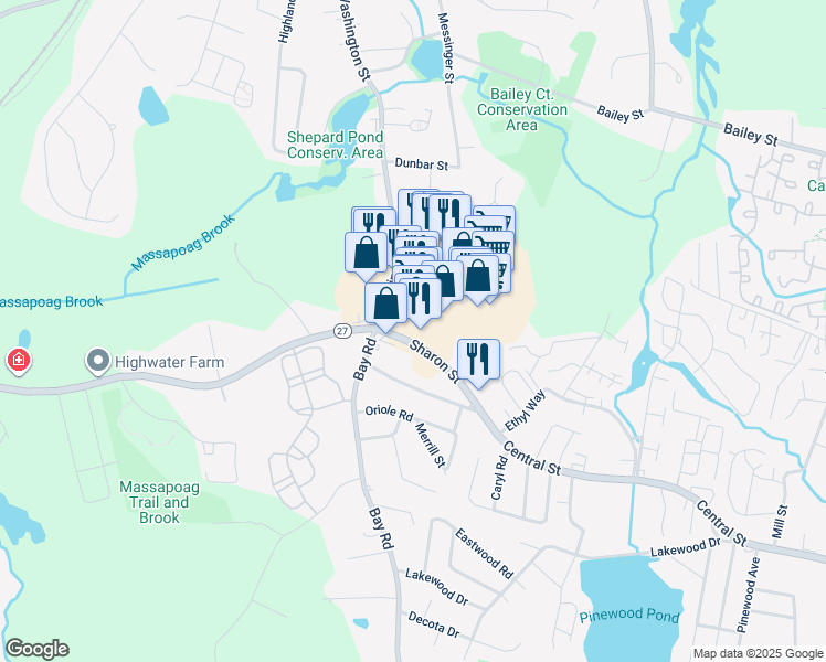map of restaurants, bars, coffee shops, grocery stores, and more near 115 Sharon Street in Stoughton