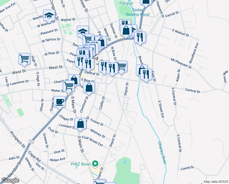 map of restaurants, bars, coffee shops, grocery stores, and more near 2 Seena Heller Way in Milford