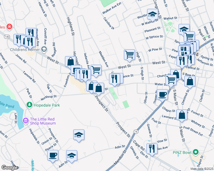 map of restaurants, bars, coffee shops, grocery stores, and more near 77 Water Street in Milford
