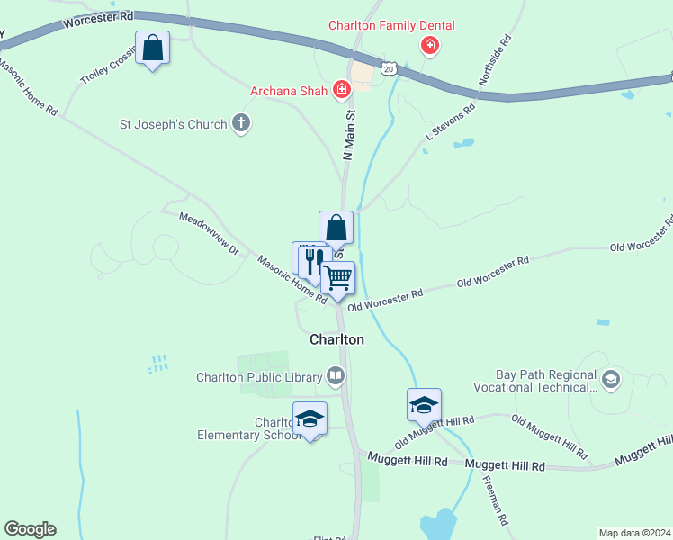 map of restaurants, bars, coffee shops, grocery stores, and more near 57 North Main Street in Charlton