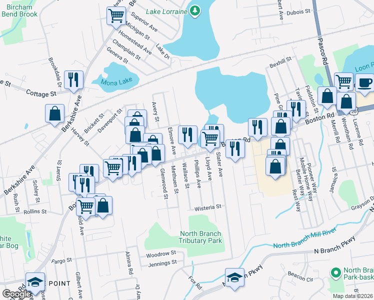 map of restaurants, bars, coffee shops, grocery stores, and more near 906 Boston Road in Springfield