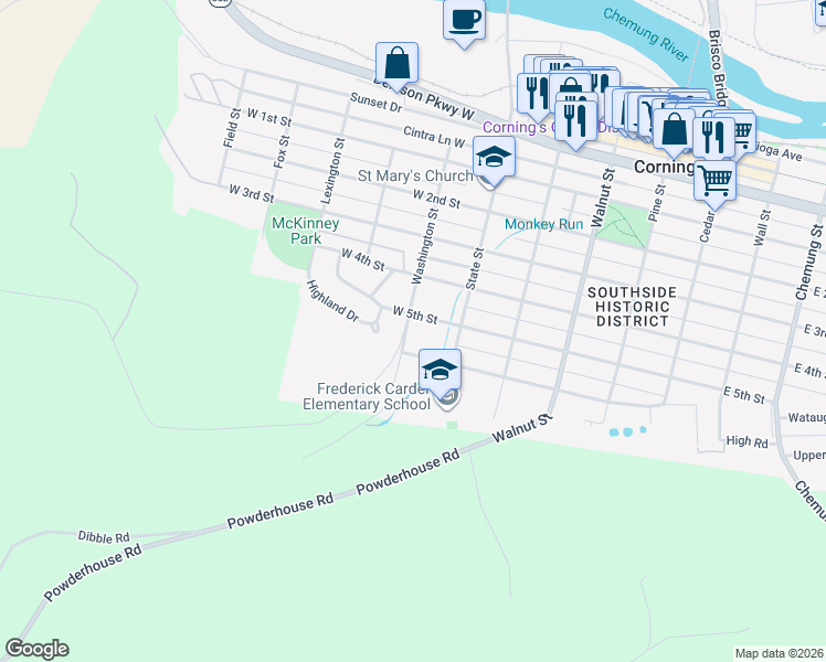 map of restaurants, bars, coffee shops, grocery stores, and more near 182 West 5th Street in Corning