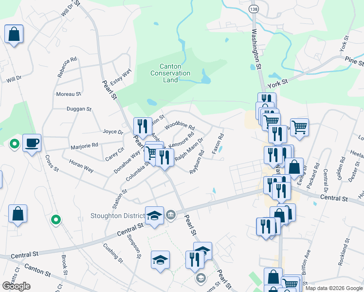 map of restaurants, bars, coffee shops, grocery stores, and more near 35 Kenmore Road in Stoughton