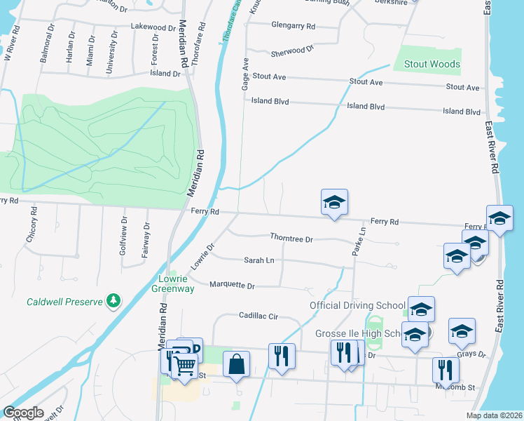 map of restaurants, bars, coffee shops, grocery stores, and more near 8729 Ferry Road in Grosse Ile Township