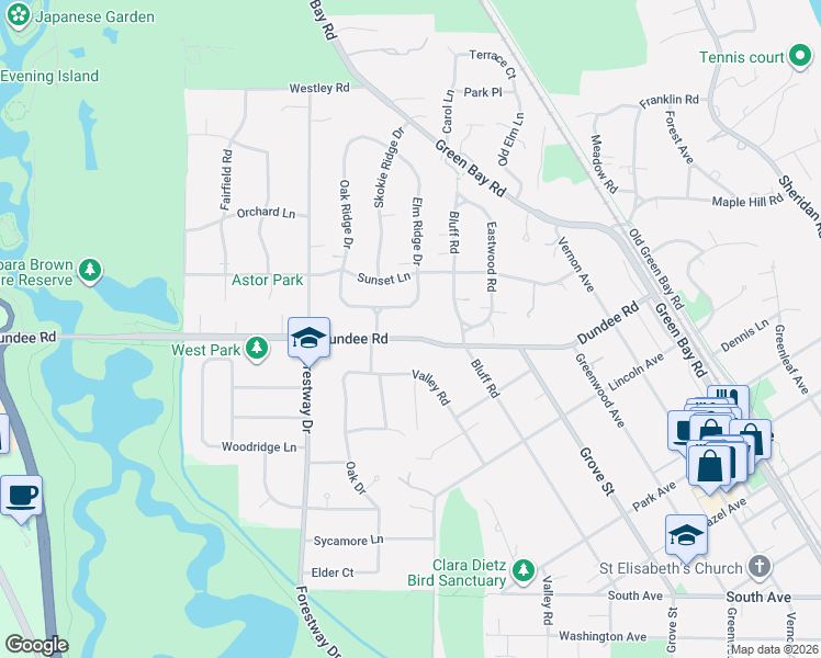 map of restaurants, bars, coffee shops, grocery stores, and more near 541 Dundee Road in Glencoe
