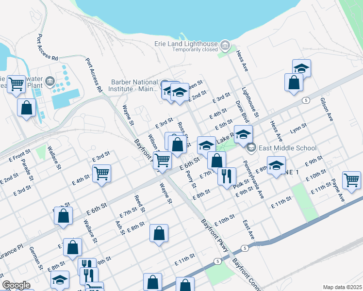 map of restaurants, bars, coffee shops, grocery stores, and more near 916 E 5th St in Erie