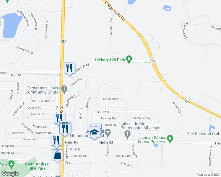 map of restaurants, bars, coffee shops, grocery stores, and more near 748 Navajo Drive in Carpentersville