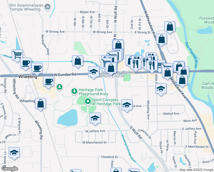 map of restaurants, bars, coffee shops, grocery stores, and more near 62 South Wolf Road in Wheeling