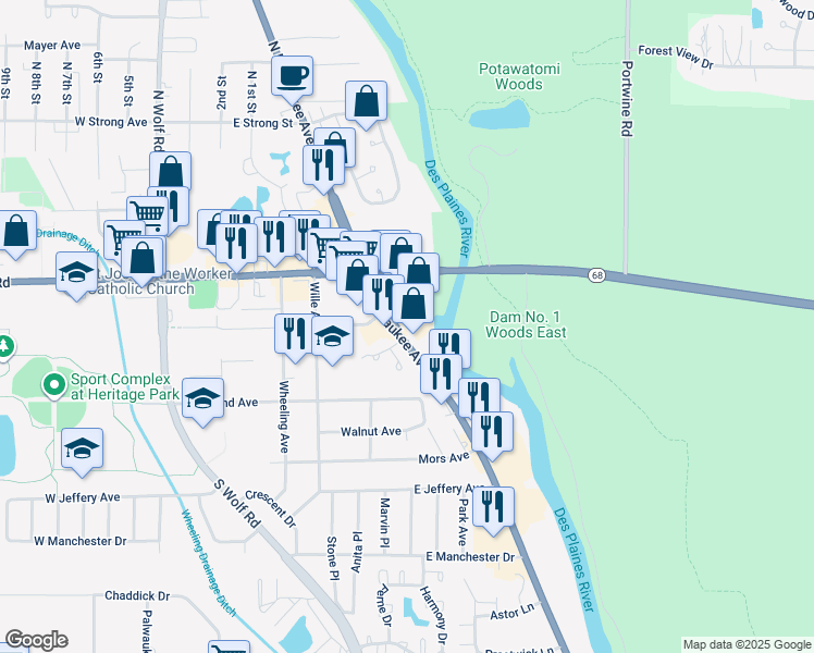 map of restaurants, bars, coffee shops, grocery stores, and more near 119 South Milwaukee Avenue in Wheeling