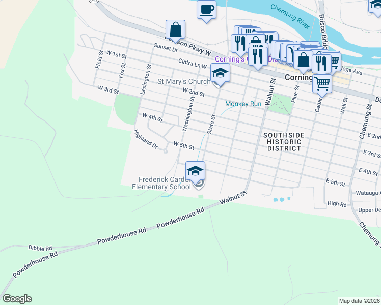 map of restaurants, bars, coffee shops, grocery stores, and more near 182 W 5th St in Corning