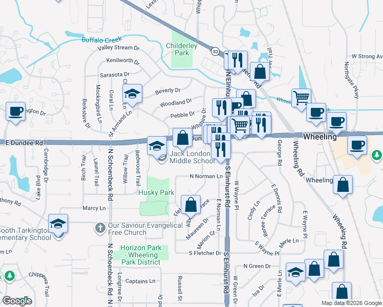 map of restaurants, bars, coffee shops, grocery stores, and more near 901 West Dundee Road in Wheeling