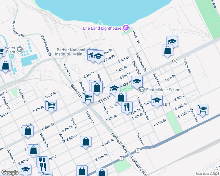 map of restaurants, bars, coffee shops, grocery stores, and more near 949 E 5th St in Erie