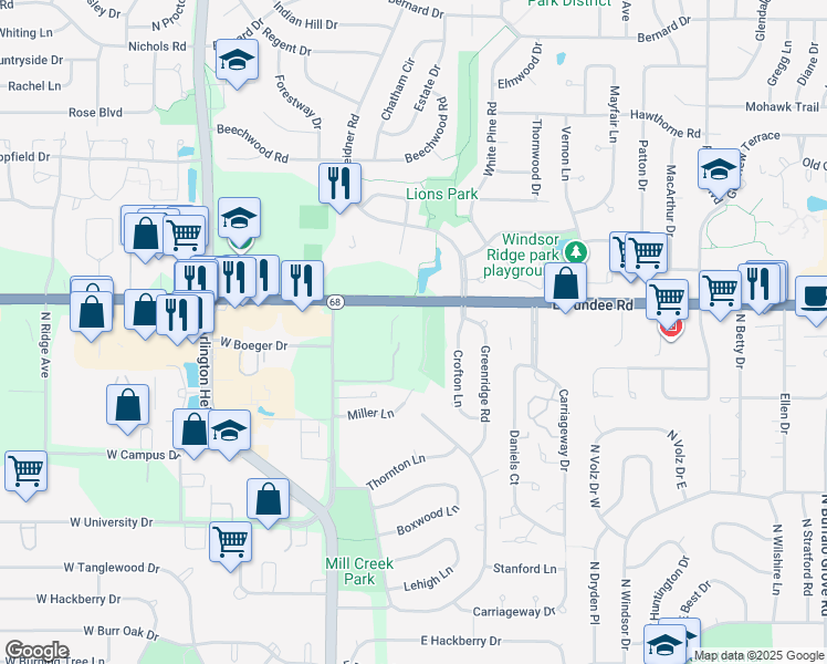 map of restaurants, bars, coffee shops, grocery stores, and more near 915 Dundee Road in Buffalo Grove