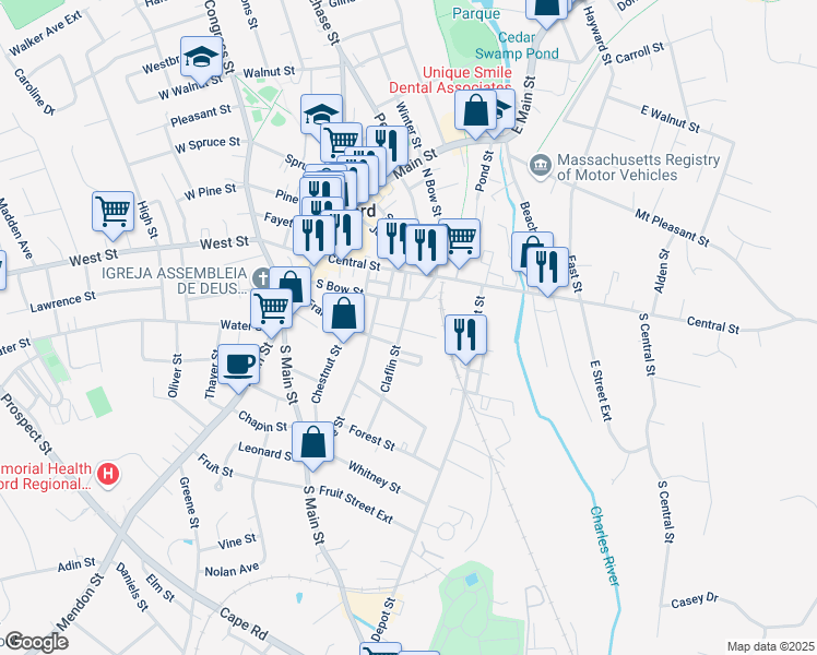 map of restaurants, bars, coffee shops, grocery stores, and more near 12 Claflin Street in Milford