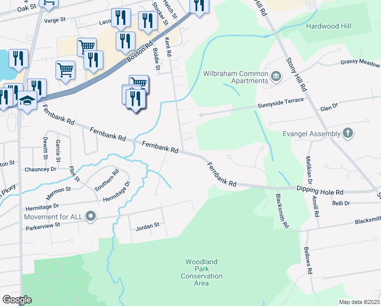 map of restaurants, bars, coffee shops, grocery stores, and more near 402 Fernbank Road in Springfield