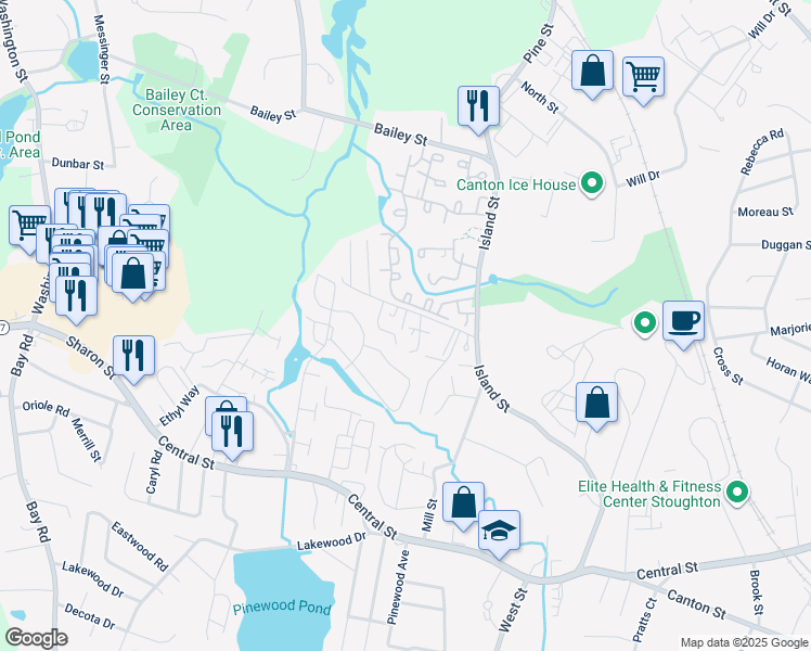 map of restaurants, bars, coffee shops, grocery stores, and more near 104 Copperwood Drive in Stoughton