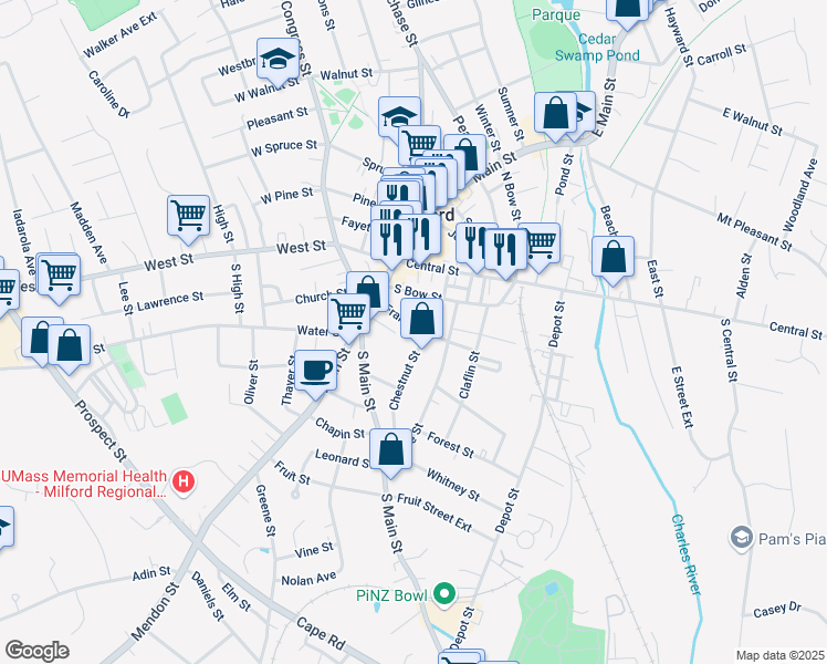 map of restaurants, bars, coffee shops, grocery stores, and more near 5 Chestnut Street in Milford