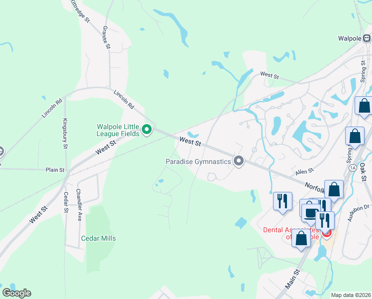 map of restaurants, bars, coffee shops, grocery stores, and more near 22 Forrest Road in Walpole