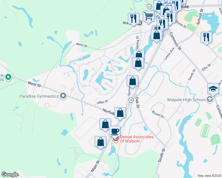 map of restaurants, bars, coffee shops, grocery stores, and more near 33 Merganser Way in Walpole