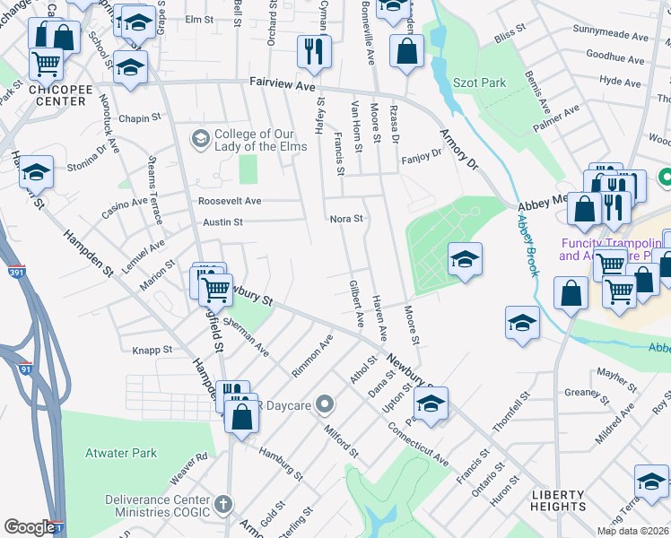map of restaurants, bars, coffee shops, grocery stores, and more near 42 North Street in Chicopee