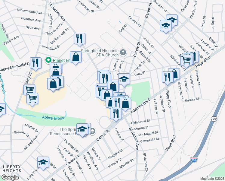 map of restaurants, bars, coffee shops, grocery stores, and more near 1093 Saint James Avenue in Springfield