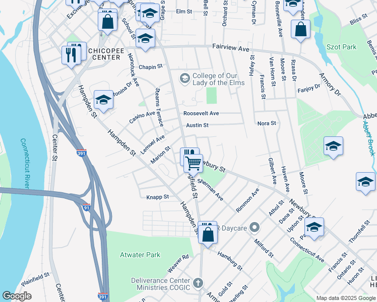 map of restaurants, bars, coffee shops, grocery stores, and more near 437 Springfield Street in Chicopee