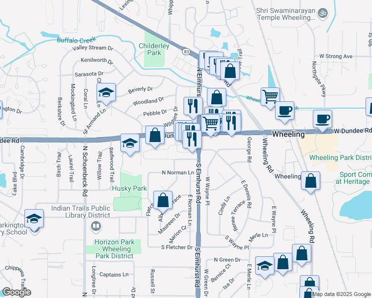 map of restaurants, bars, coffee shops, grocery stores, and more near 845 West Dundee Road in Wheeling