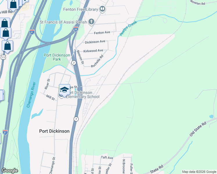 map of restaurants, bars, coffee shops, grocery stores, and more near 26 Phelps St in Binghamton