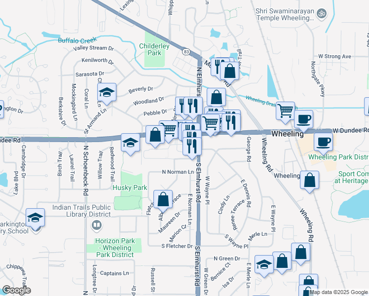 map of restaurants, bars, coffee shops, grocery stores, and more near 845 West Dundee Road in Wheeling