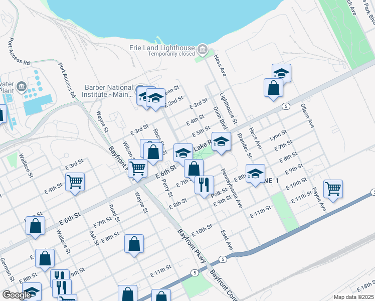 map of restaurants, bars, coffee shops, grocery stores, and more near 1002 East Lake Road in Erie