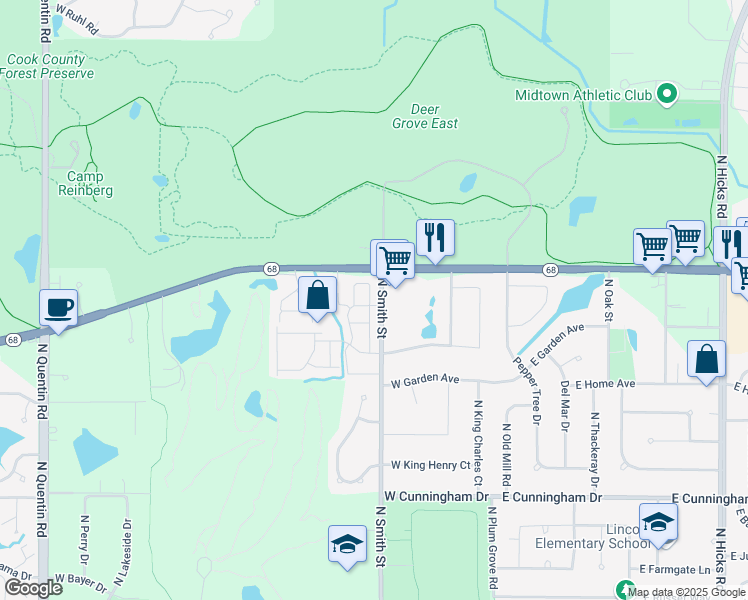 map of restaurants, bars, coffee shops, grocery stores, and more near 1543 North Gatewood Avenue in Palatine