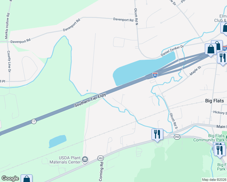 map of restaurants, bars, coffee shops, grocery stores, and more near Southern Tier Expressway in Big Flats