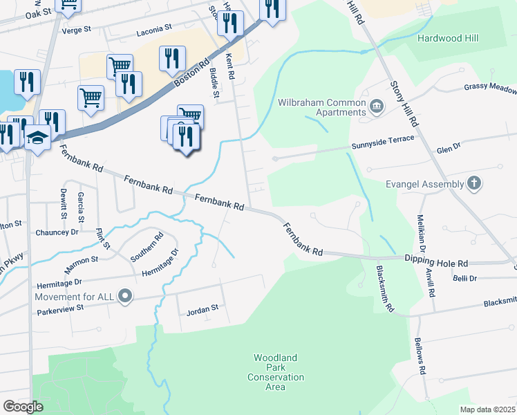 map of restaurants, bars, coffee shops, grocery stores, and more near 402 Fernbank Road in Springfield