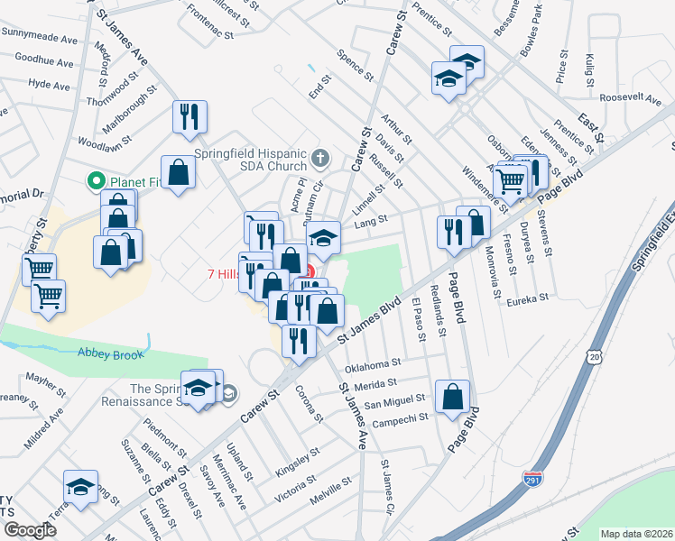 map of restaurants, bars, coffee shops, grocery stores, and more near 1430 Carew Street in Springfield