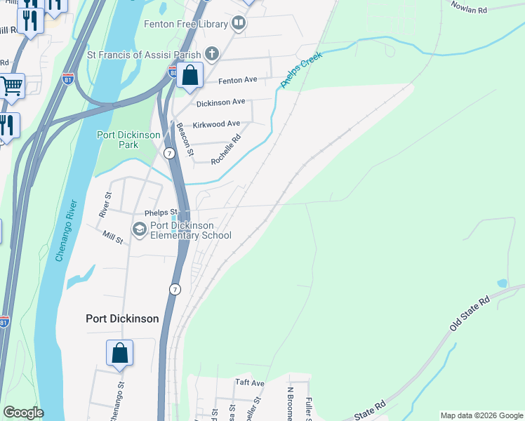 map of restaurants, bars, coffee shops, grocery stores, and more near 26 Phelps Street in Binghamton