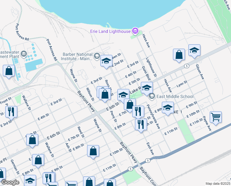 map of restaurants, bars, coffee shops, grocery stores, and more near 949 E 5th St in Erie