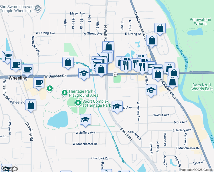 map of restaurants, bars, coffee shops, grocery stores, and more near 25 Center Avenue in Wheeling