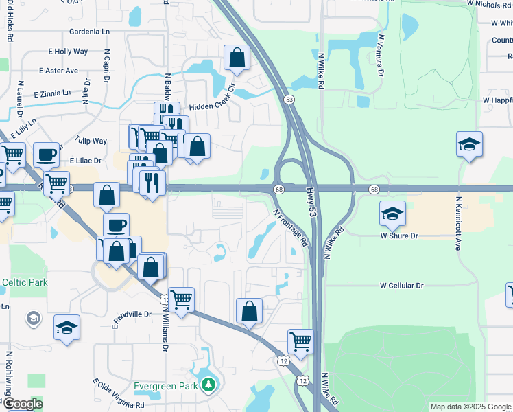 map of restaurants, bars, coffee shops, grocery stores, and more near 1559 Norway Lane in Palatine