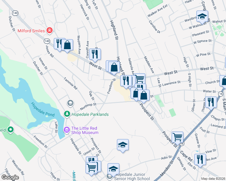map of restaurants, bars, coffee shops, grocery stores, and more near 18 Freedom Street in Milford