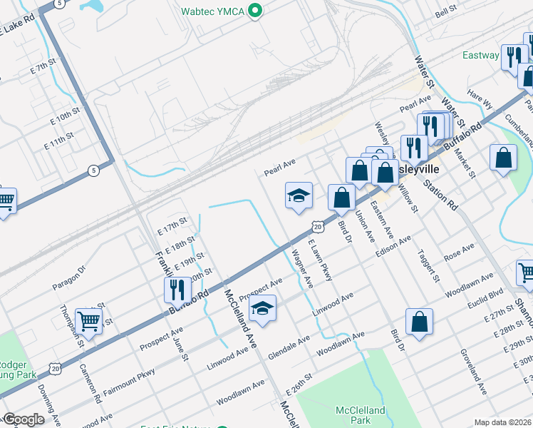 map of restaurants, bars, coffee shops, grocery stores, and more near 1914 Wagner Avenue in Erie