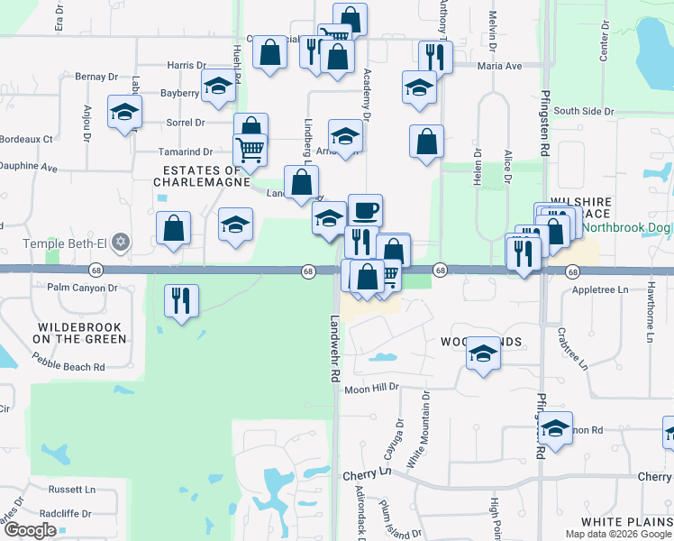 map of restaurants, bars, coffee shops, grocery stores, and more near Dundee Rd & Landwehr Rd in Northbrook