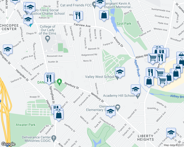 map of restaurants, bars, coffee shops, grocery stores, and more near 110 Haven Avenue in Chicopee