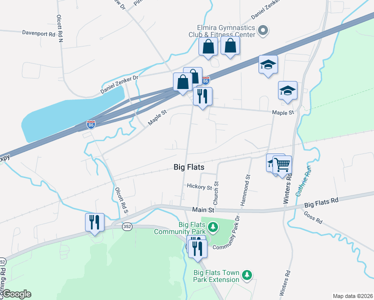 map of restaurants, bars, coffee shops, grocery stores, and more near Canal Street in Big Flats