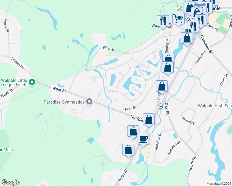 map of restaurants, bars, coffee shops, grocery stores, and more near 170 Clear Pond Drive in Walpole
