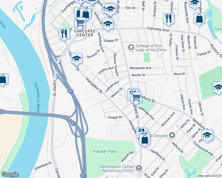 map of restaurants, bars, coffee shops, grocery stores, and more near 5 Highland Avenue in Chicopee