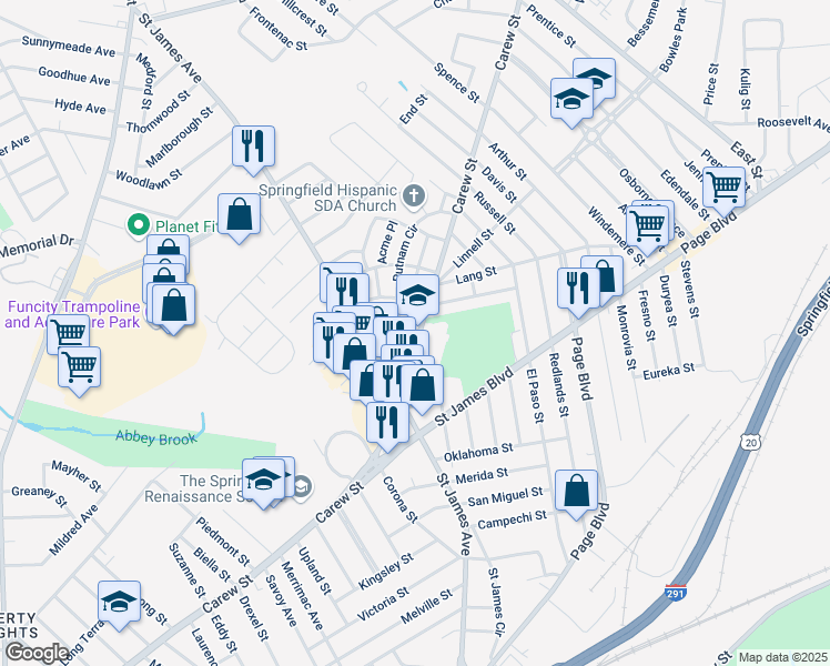 map of restaurants, bars, coffee shops, grocery stores, and more near 1430 Carew Street in Springfield