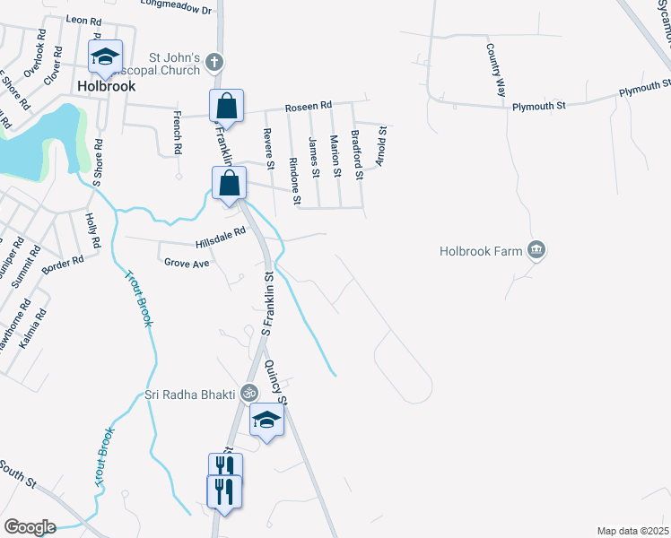 map of restaurants, bars, coffee shops, grocery stores, and more near 2 Belair Drive in Holbrook