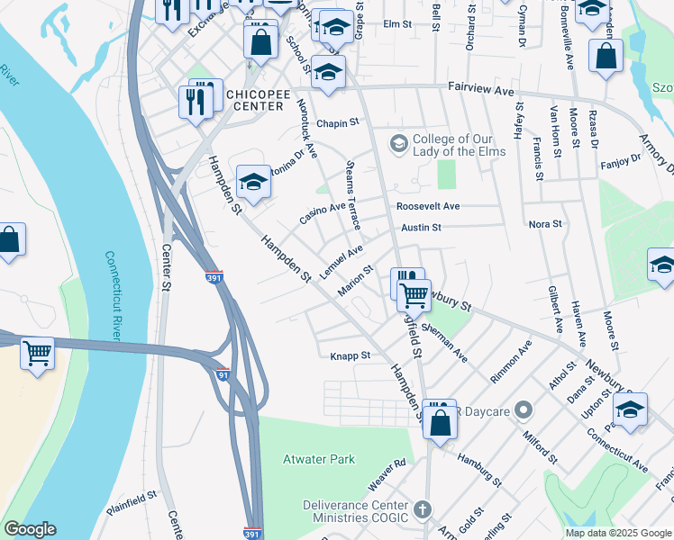 map of restaurants, bars, coffee shops, grocery stores, and more near 7 Highland Avenue in Chicopee